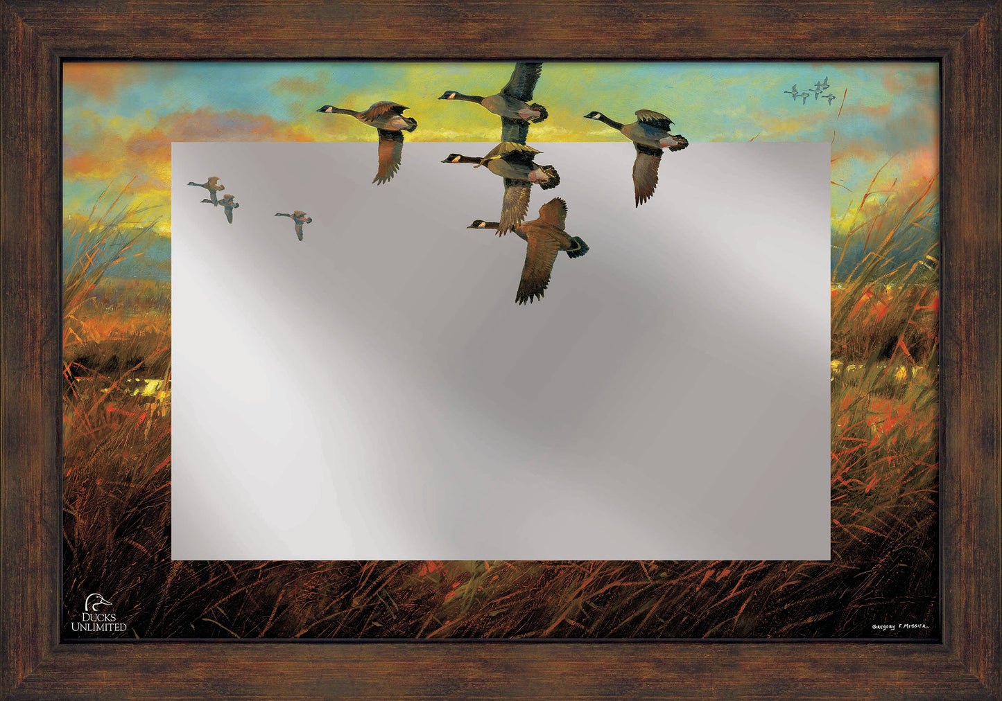 Perfect Ending Canada Geese 16" x 24" Mirror Framed Barnwood - Official Ducks Unlimited Art