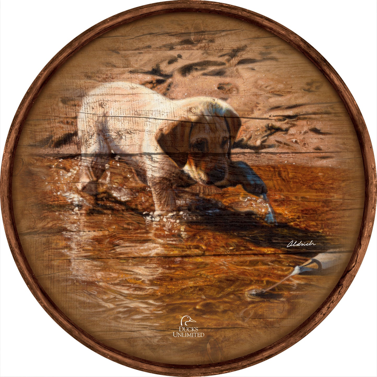 Piddle Paddle Pup Yellow Lab 21" Round Wood Sign - Official Ducks Unlimited Art
