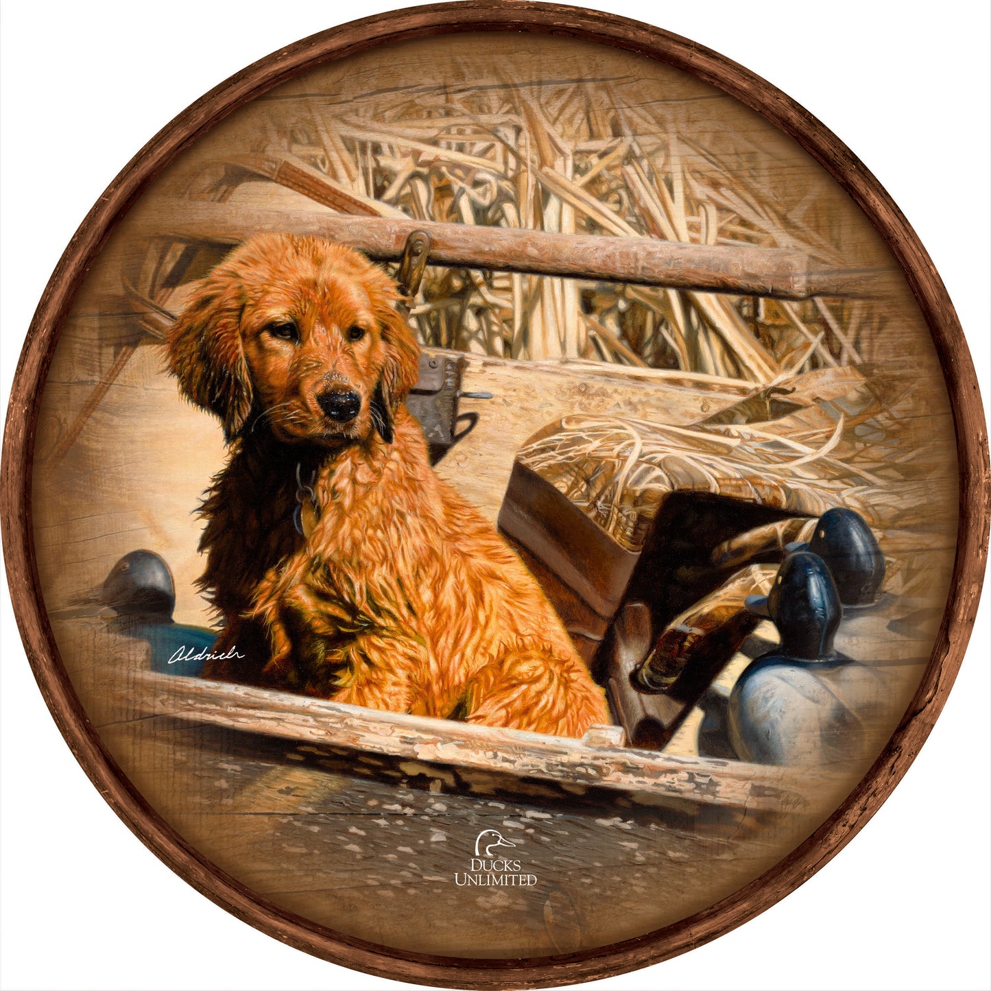 Pup Commander Golden Retriever 21" Round Wood Sign - Official Ducks Unlimited Art