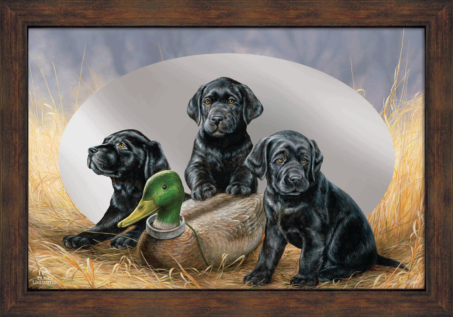 Ready for Class - Black Lab Puppies 16" x 24" Mirror Framed Barnwood - Official Ducks Unlimited Art
