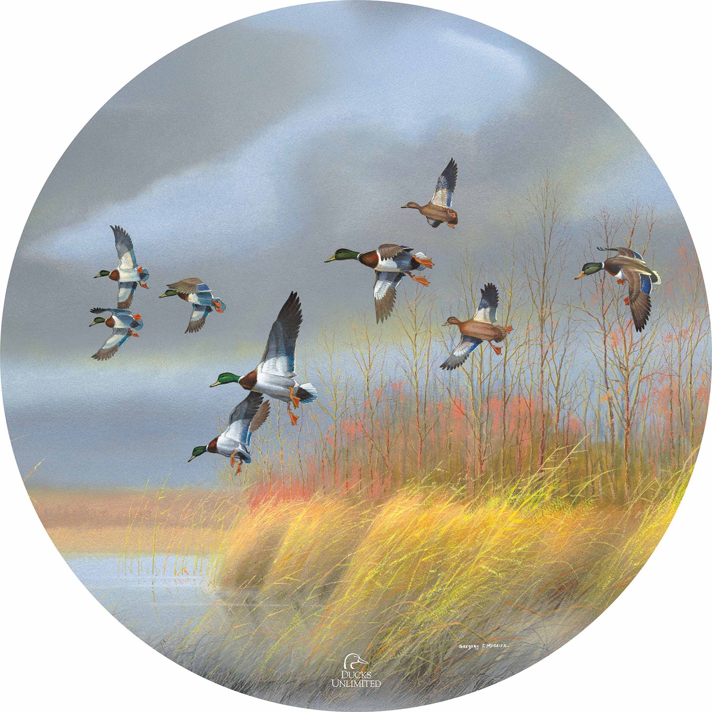 Returning Home Mallards 21" Round Wood Sign - Official Ducks Unlimited Art