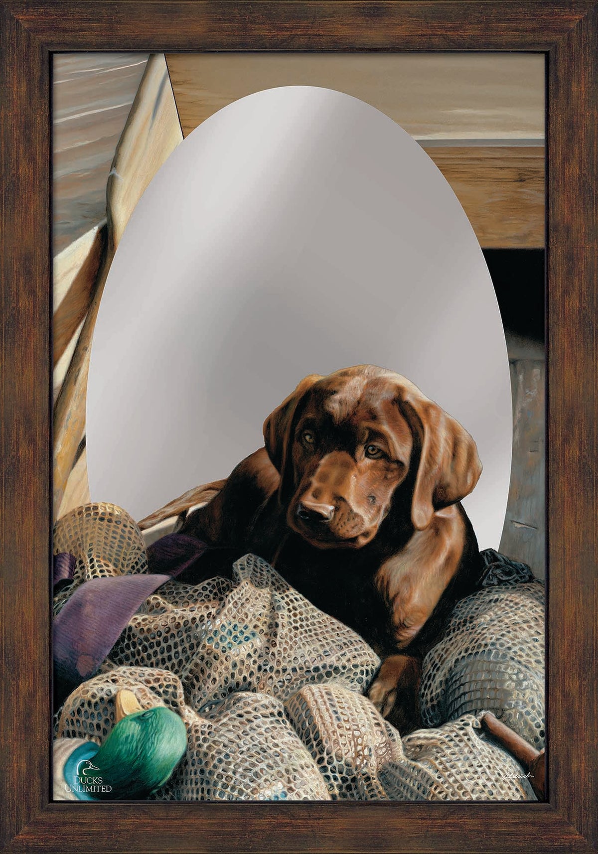 Rookie - Chocolate Lab 16" x 24" Mirror Framed Barnwood - Official Ducks Unlimited Art