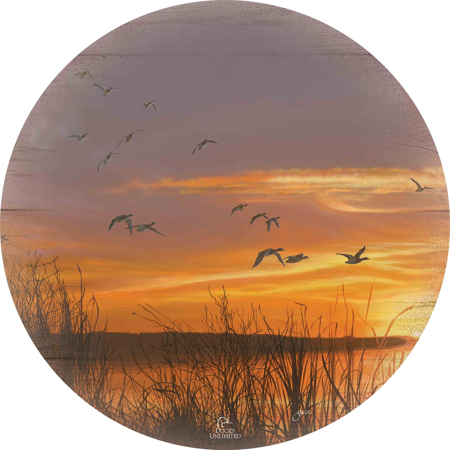 Sunset's Last Minutes 21" Round Wood Sign - Official Ducks Unlimited Art