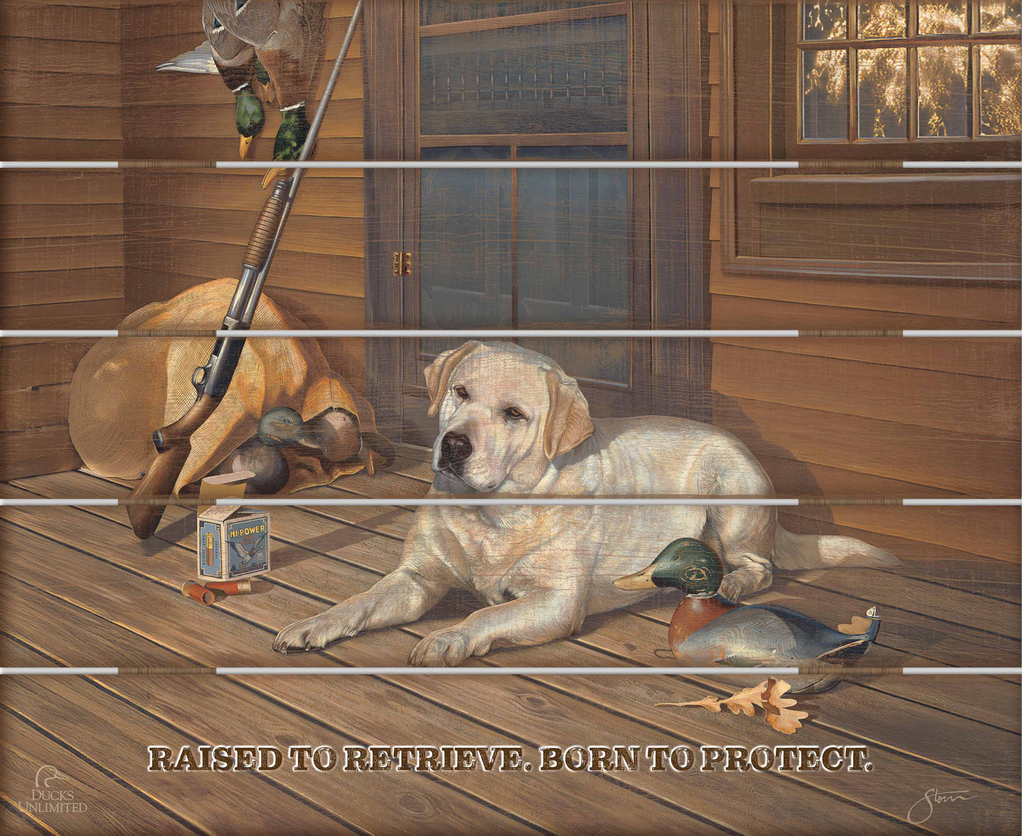 Bountiful Day Black Lab "Raised to retrieve. Born to protect." 18" x 22" Pallet Wall Art - Official Ducks Unlimited Art