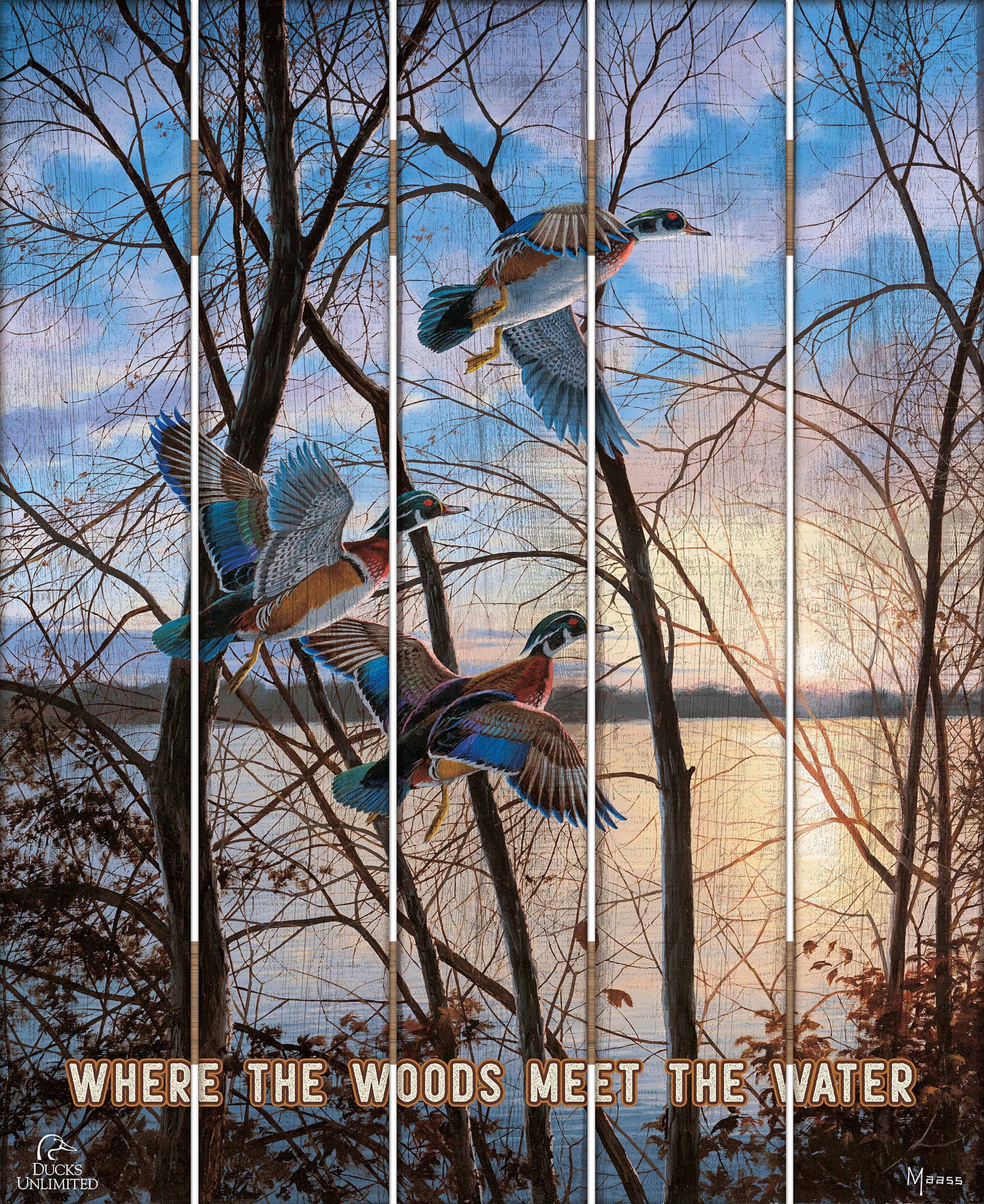 Evening Flight Wood Ducks "Where the Woods Meet the Water" 18" x 22" Pallet Wall Art - Official Ducks Unlimited Art