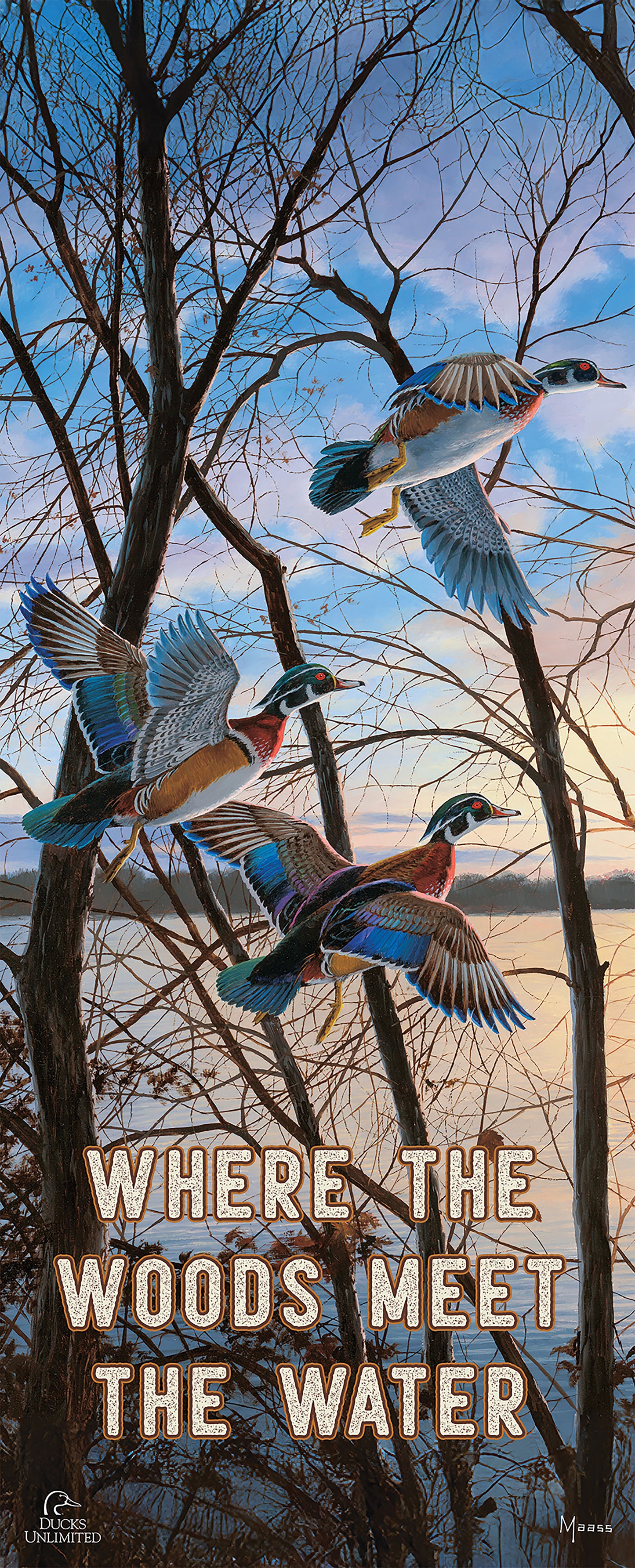 Evening Flight Wood Ducks "Where the Woods Meet the Water" 12" x 30" Wood Sign - Official Ducks Unlimited Art