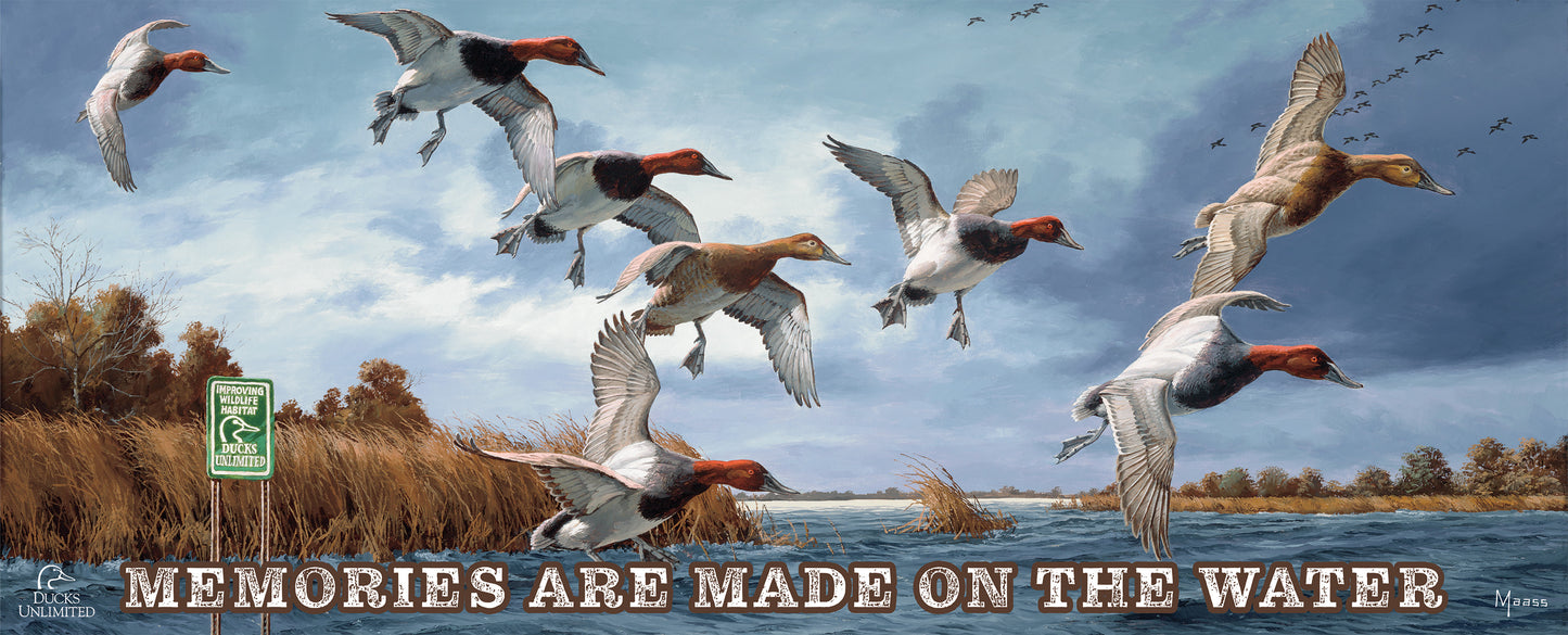 Fruits of Your Labor Canvasbacks "Memories Are Made on the Water" 12" x 30" Wood Sign - Official Ducks Unlimited Art