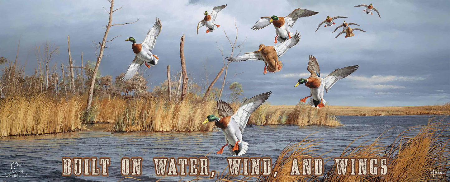Greenhead Alert Mallards "Built on Water, Wind, and Wings" 12" x 30" Wood Sign - Official Ducks Unlimited Art