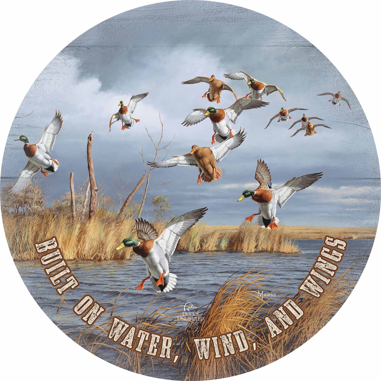 Greenhead Alert Mallards "Built on Water, Wind, and Wings" 21" Round Wood Sign - Official Ducks Unlimited Art