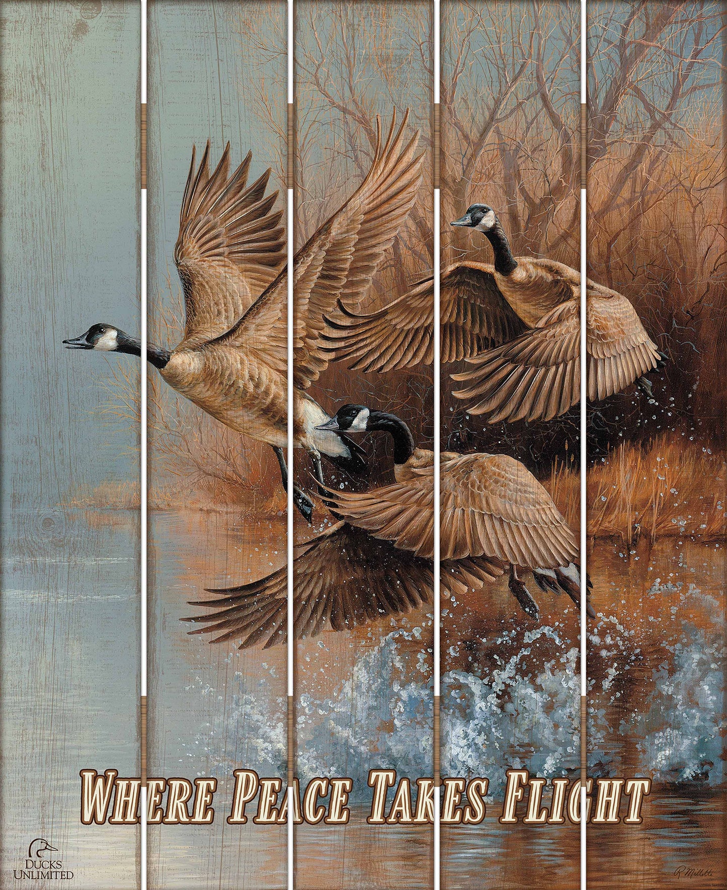 Taking Flight Canada Geese "Where Peace Takes Flight" 18" x 22" Pallet Wall Art - Official Ducks Unlimited Art