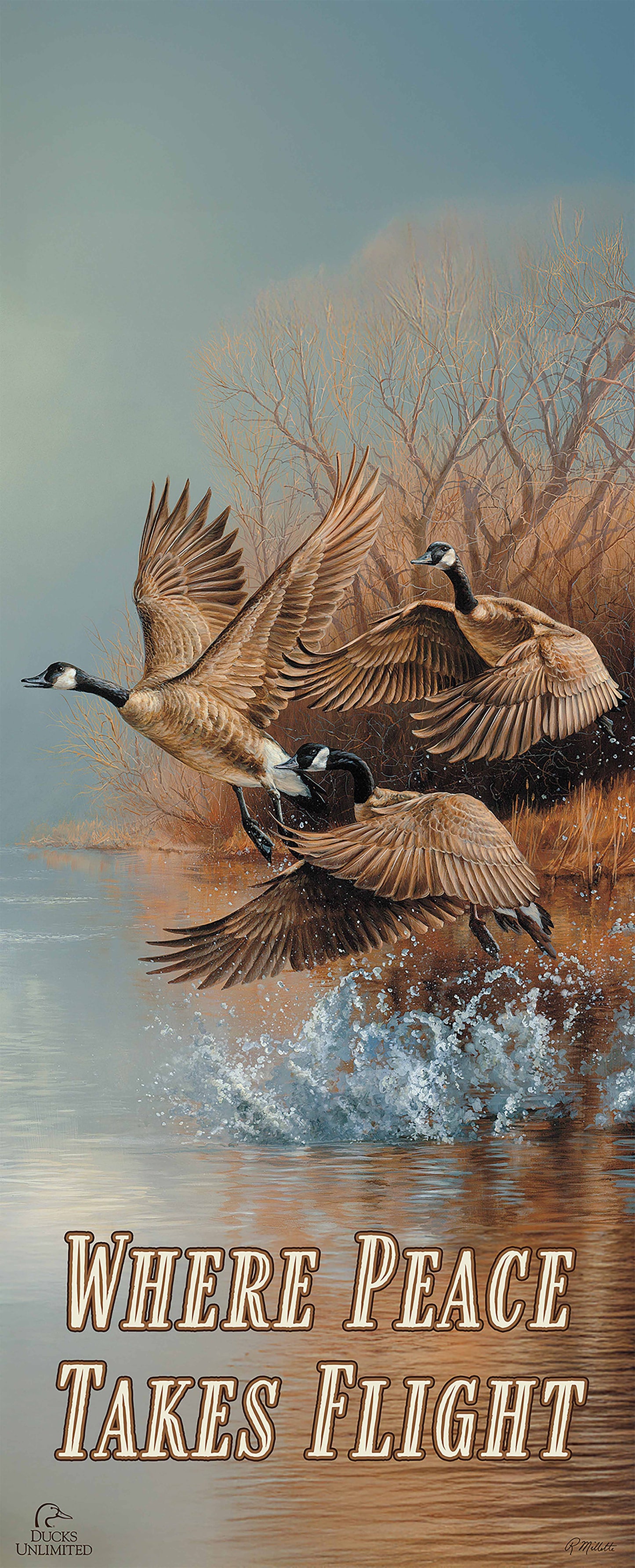 Taking Flight Canada Geese "Where Peace Takes Flight" 12" x 30" Wood Sign - Official Ducks Unlimited Art