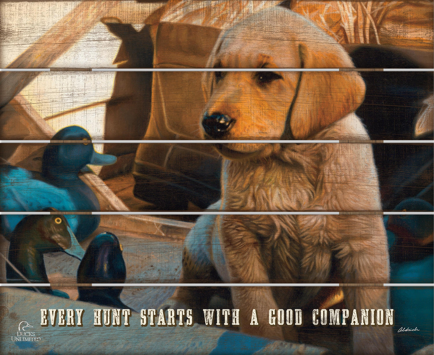 Out Numbered & Surrounded "Every Hunt Starts With a Good Companion." 18" x 22" Pallet Wall Art - Official Ducks Unlimited Art