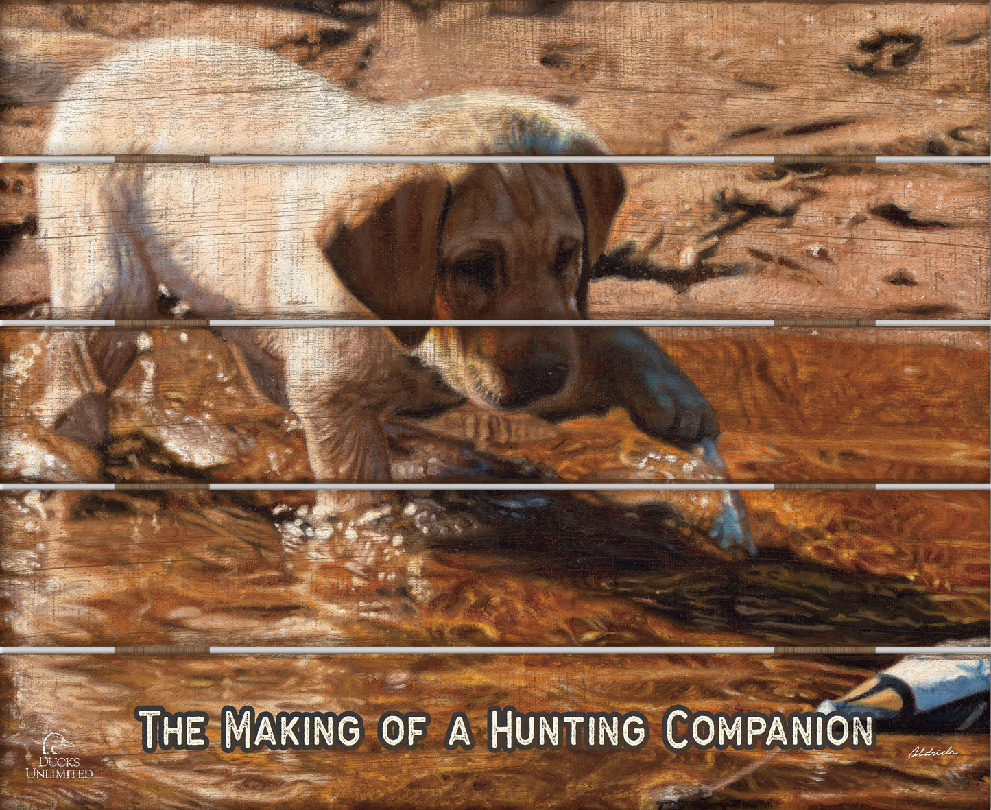 Piddle Paddle Pup Yellow Lab "The Making of a Hunting Companion." 18" x 22" Pallet Wall Art - Official Ducks Unlimited Art