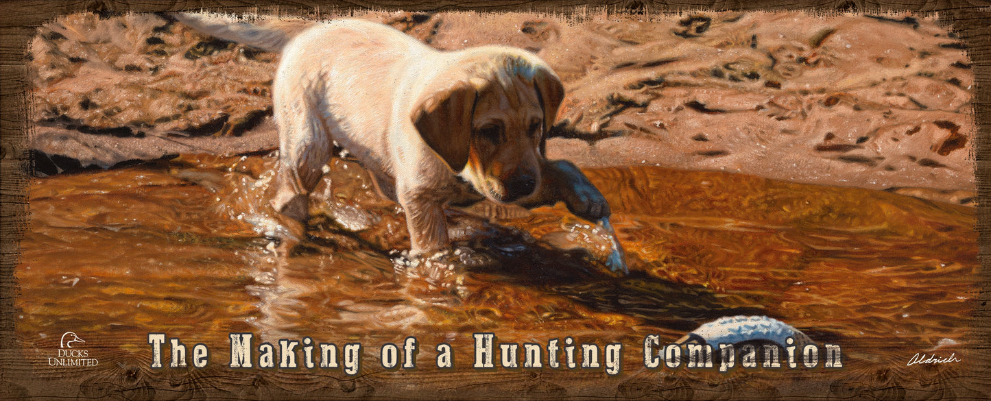 Piddle Paddle Pup Yellow Lab "The Making of a Hunting Companion." 12" x 30" Wood Sign - Official Ducks Unlimited Art