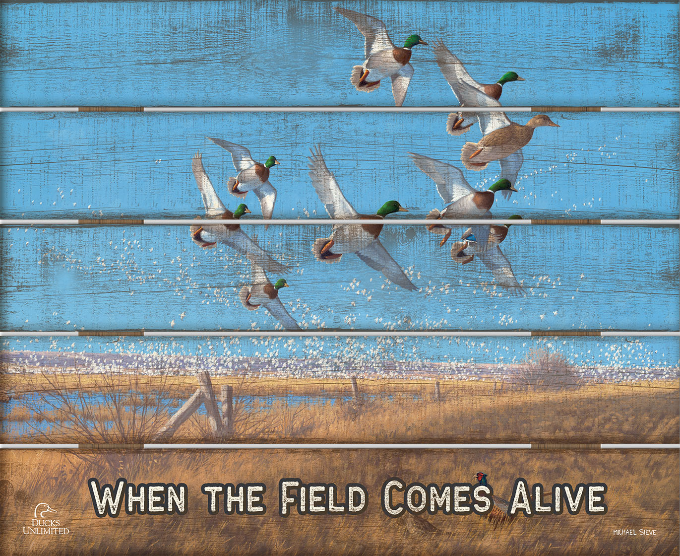Courtship Flight Mallard "When the Field Comes Alive." 18" x 22" Pallet Wall Art - Official Ducks Unlimited Art