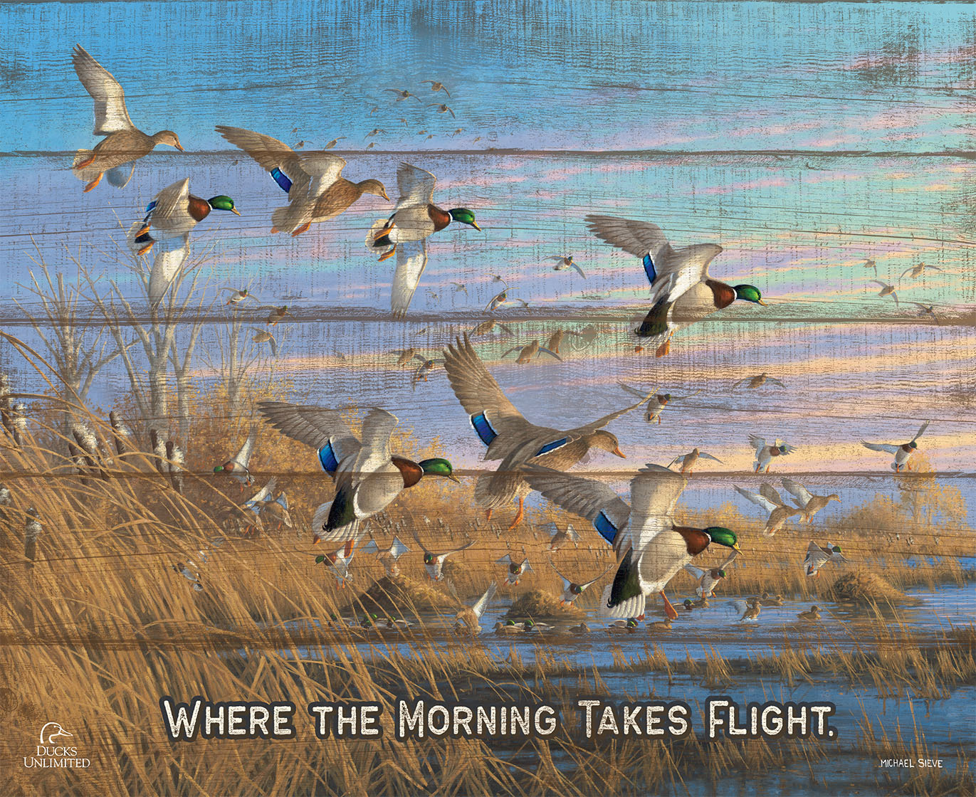 Dropping in Mallards "Where the Morning Takes Flight." 18" x 22" Pallet Wall Art - Official Ducks Unlimited Art