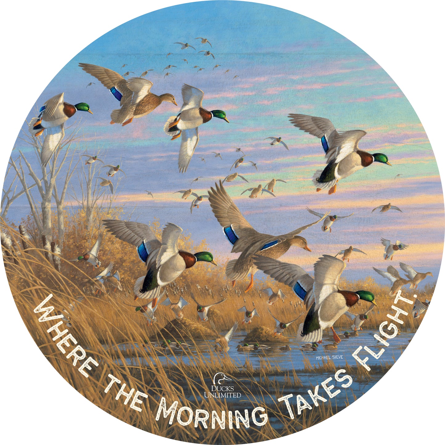 Dropping in Mallards "Where the Morning Takes Flight." 21" Round Wood Sign - Official Ducks Unlimited Art