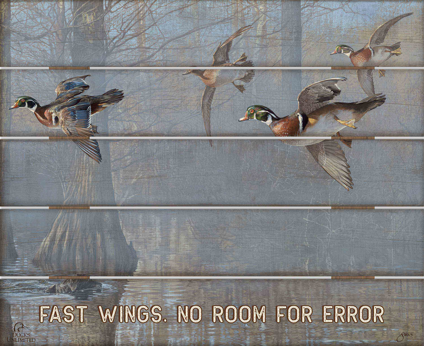 Out of the Mist - Wood Ducks “Fast Wings. No Room for Error.” 18" x 22" Pallet Wall Art - Official Ducks Unlimited Art