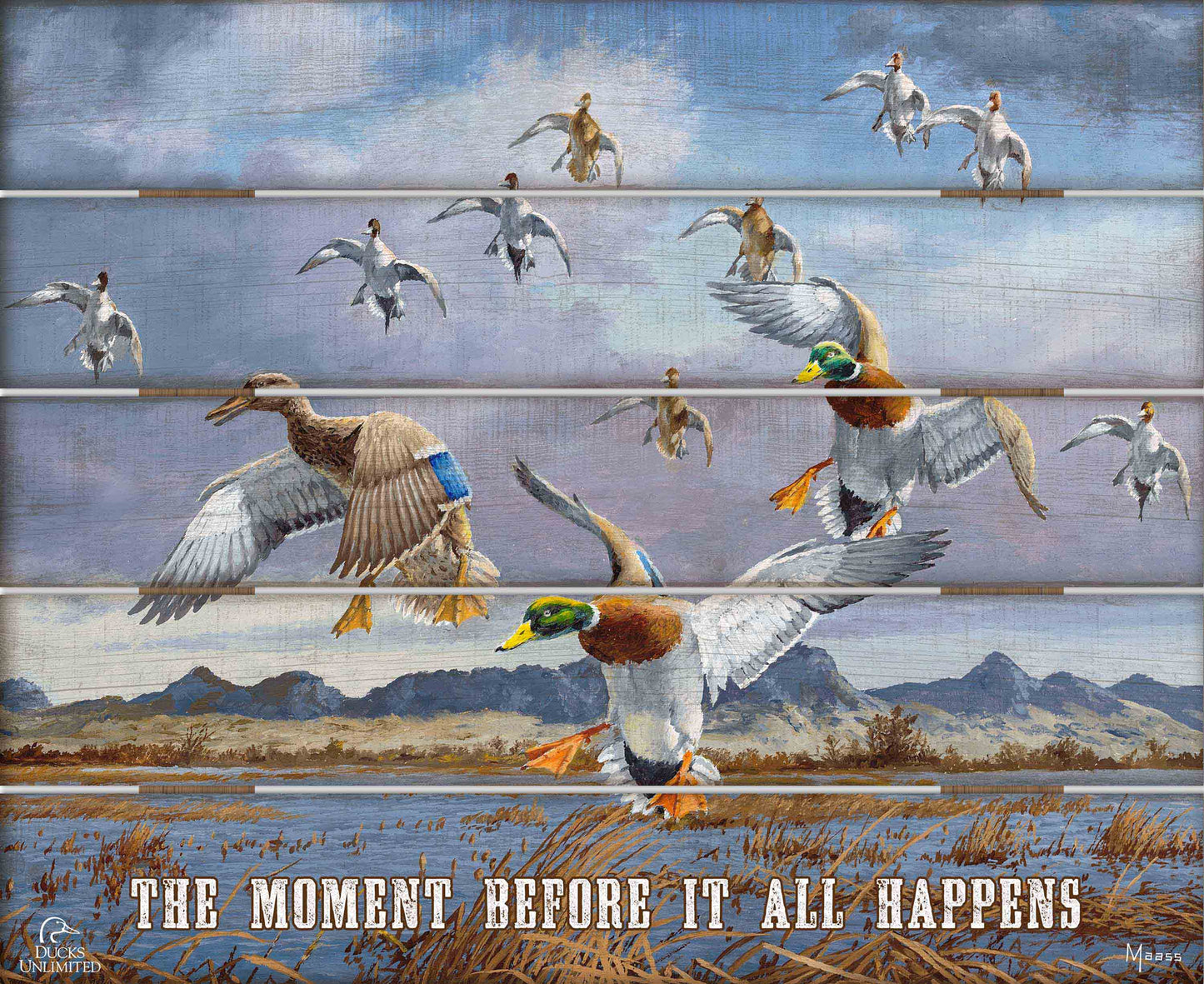 In Before the Squall - Mallards and Pintails at the Sutter Buttes “The Moment Before It All Happens.” 18" x 22" Wood Pallet Art - Official Ducks Unlimited Art