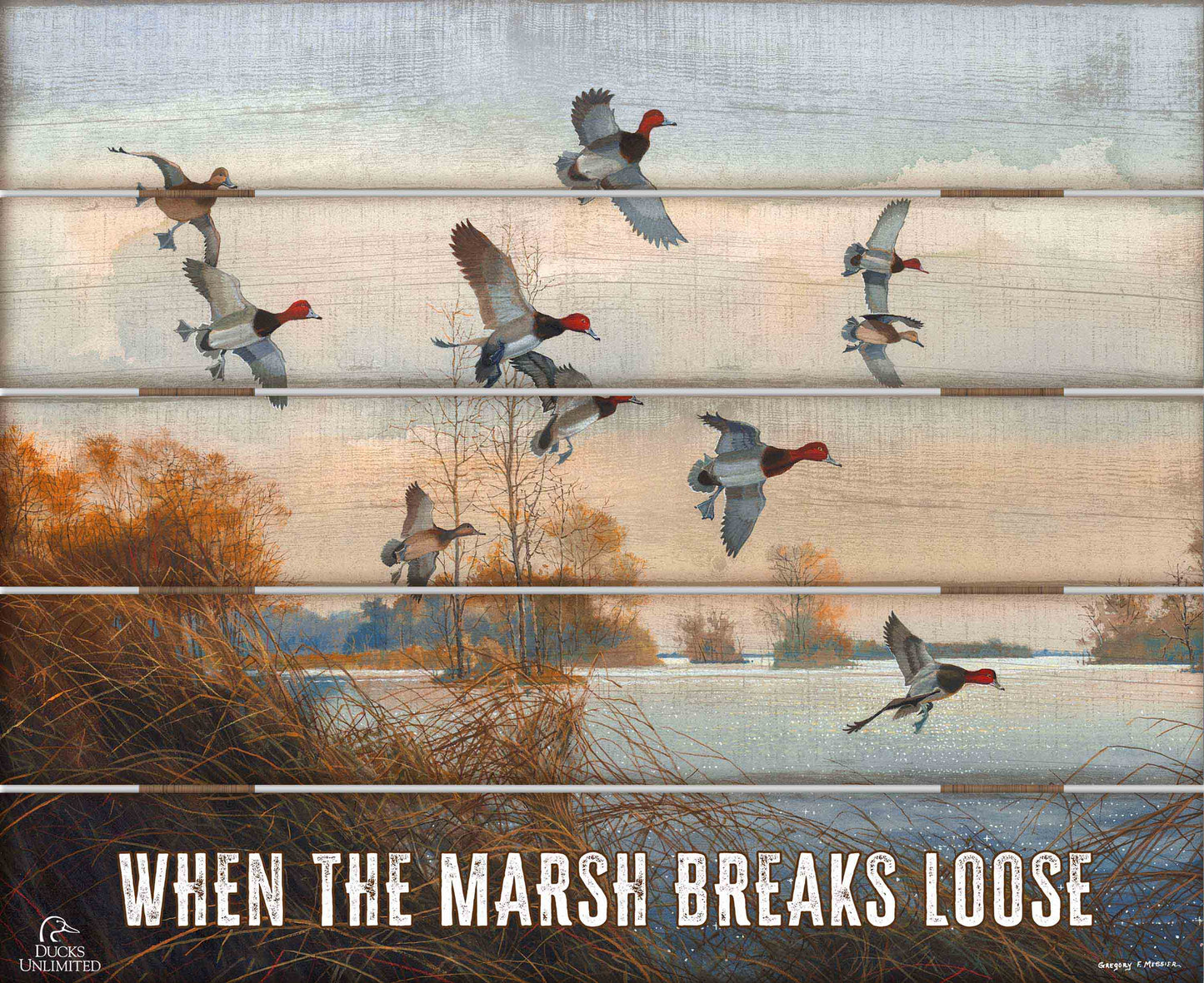 Redheads Redoubt “When the Marsh Breaks Loose.” 18" x 22" Pallet Wall Art - Official Ducks Unlimited