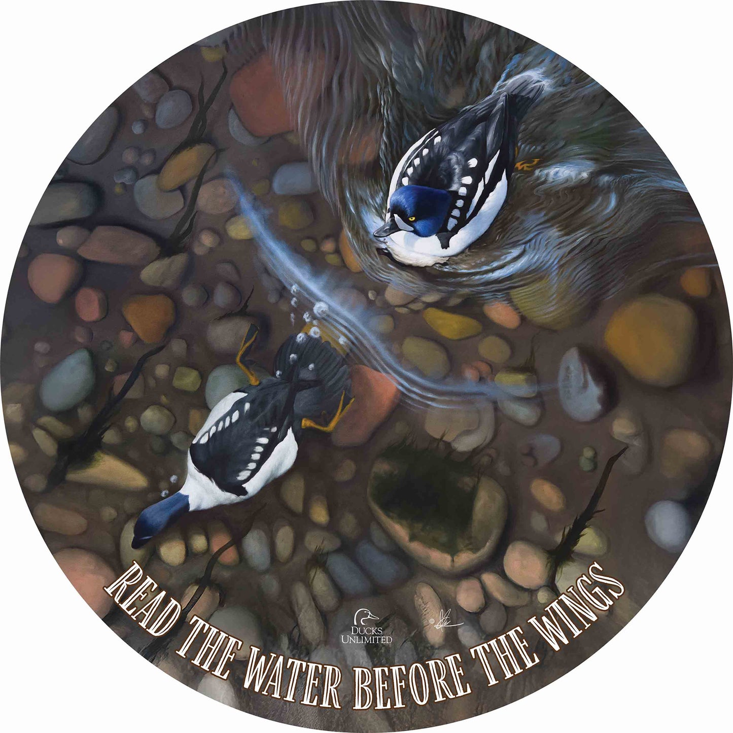Lamar River Divers “Read the Water Before the Wings.” 21" Round Wood Sign - Official Ducks Unlimited Art