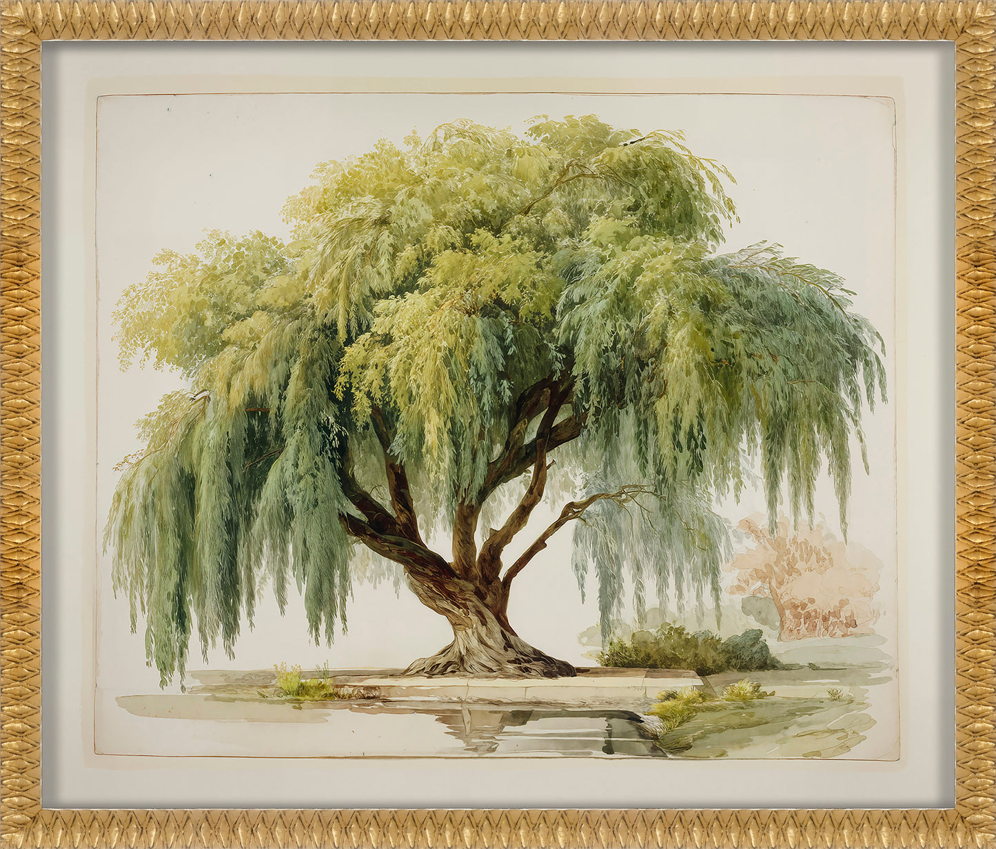 Martha Stewart Bedford | Seasonal Landscape: Willow Tree | Framed Country Farmhouse Wall Art