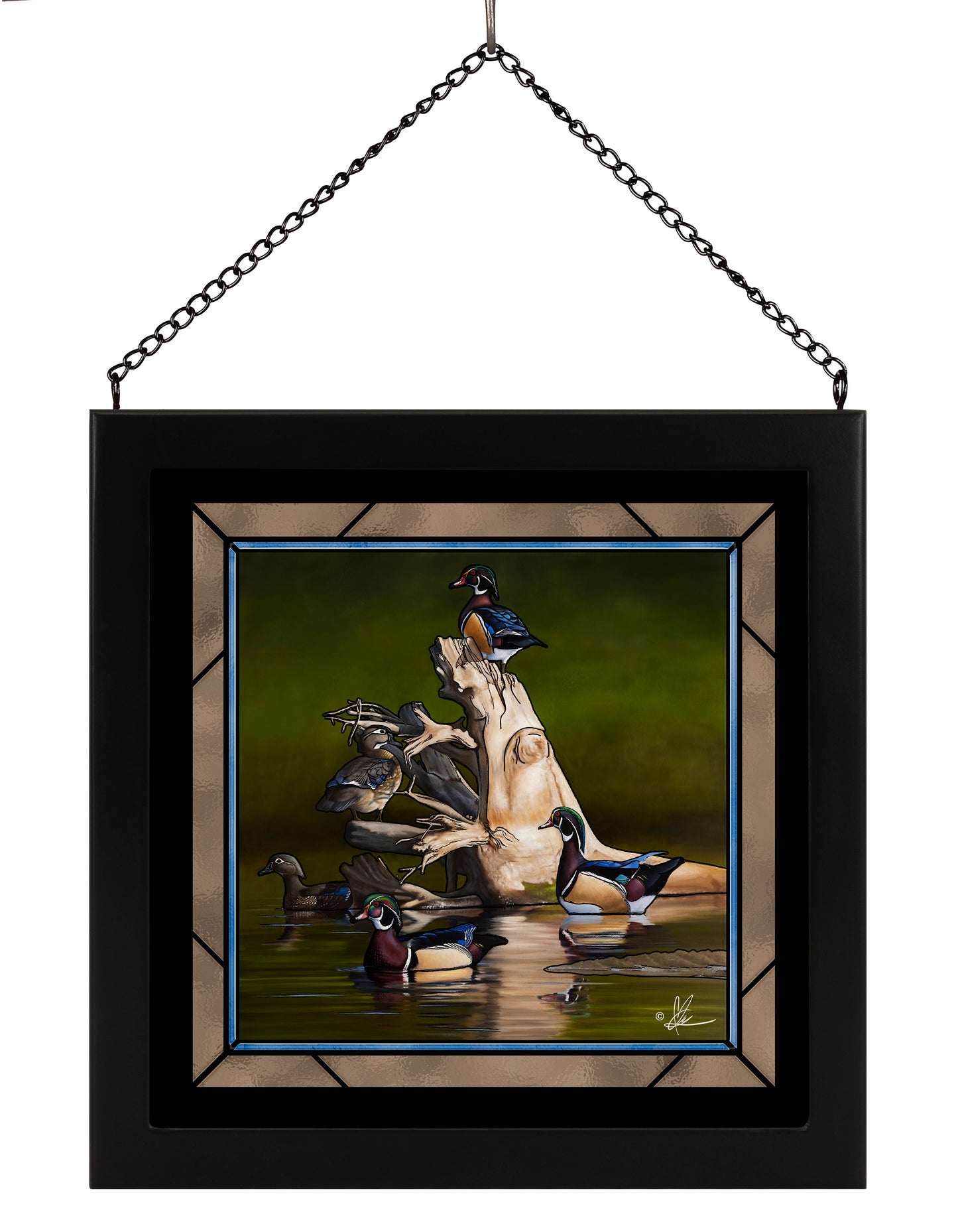 Framed painting with little birds in the river