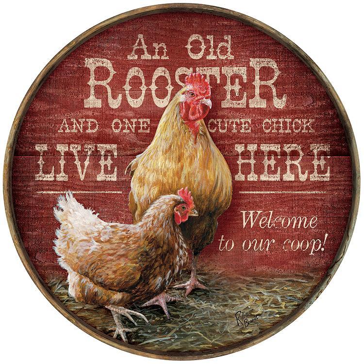 Rooster Lives Here - 21" Personalized Round Wood Sign