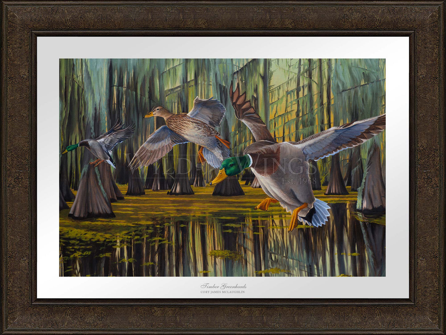 Framed painting of flying birds over the river