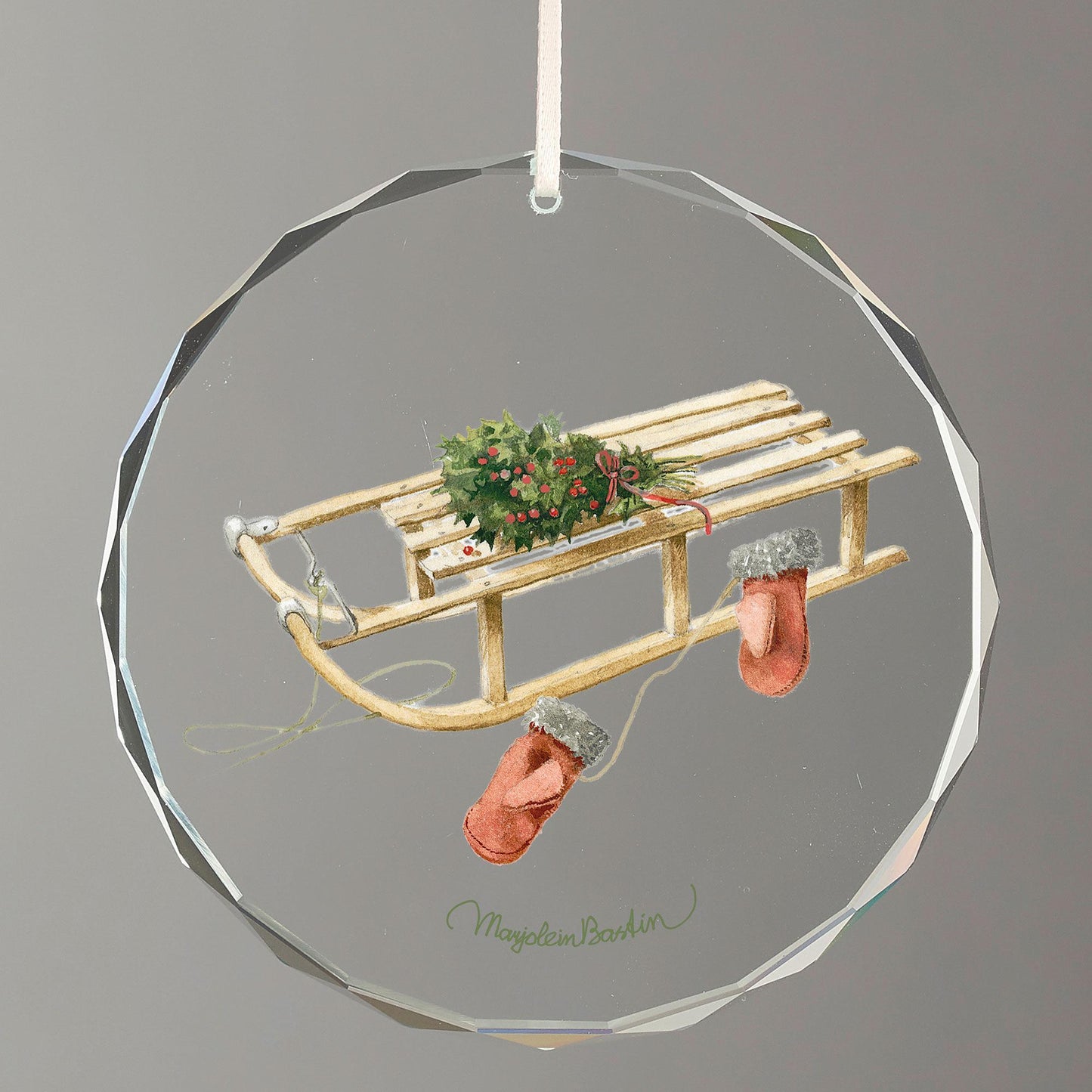 Christmas Sled with Mittens - 3" Round Glass Ornament