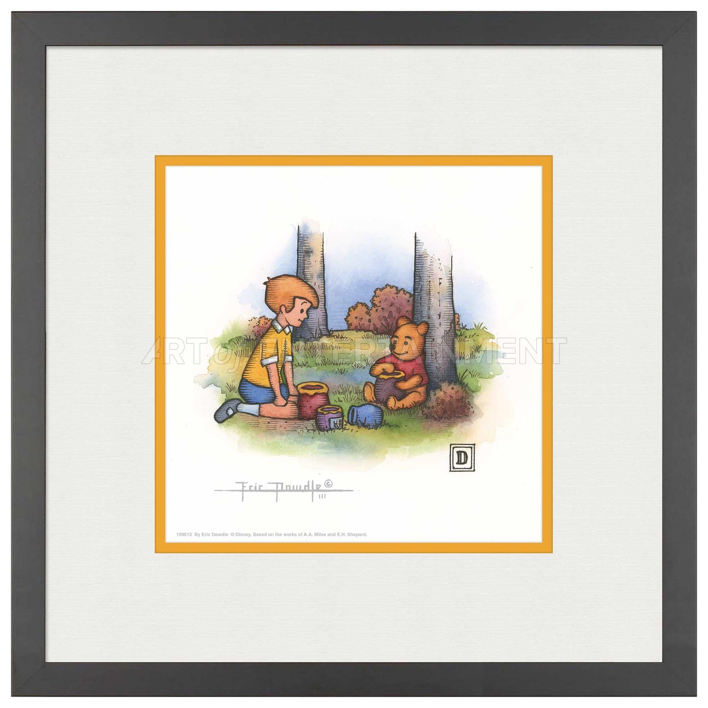 Christopher Robin and Winnie the Pooh Eating Honey - 15" x 15" Framed Paper Print - Art Of Entertainment
