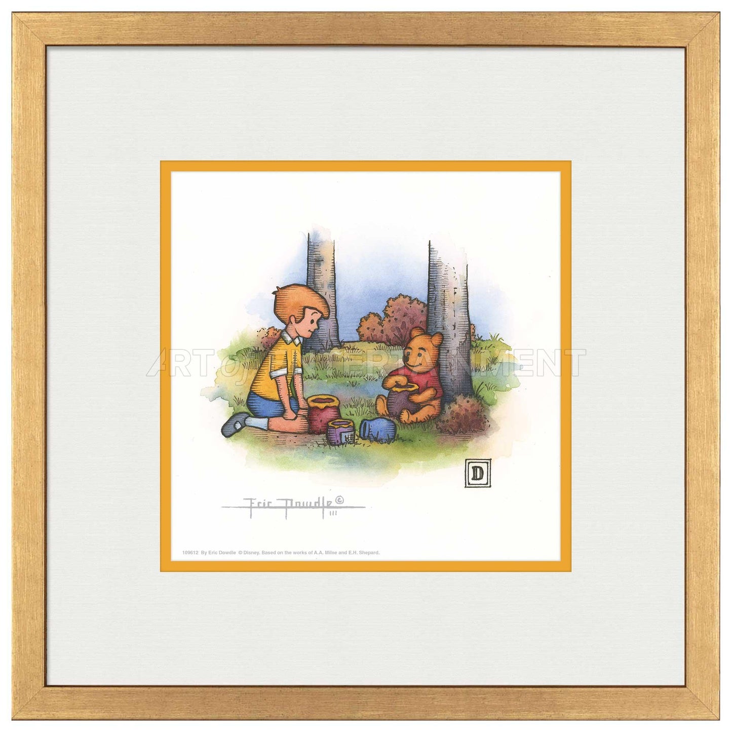 Christopher Robin and Winnie the Pooh Eating Honey - 15" x 15" Framed Paper Print - Art Of Entertainment