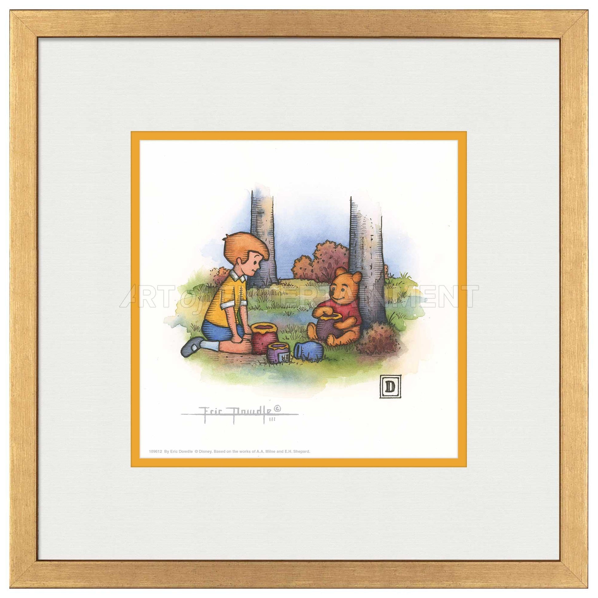 Christopher Robin and Winnie the Pooh Eating Honey - 15" x 15" Framed Paper Print - Art Of Entertainment