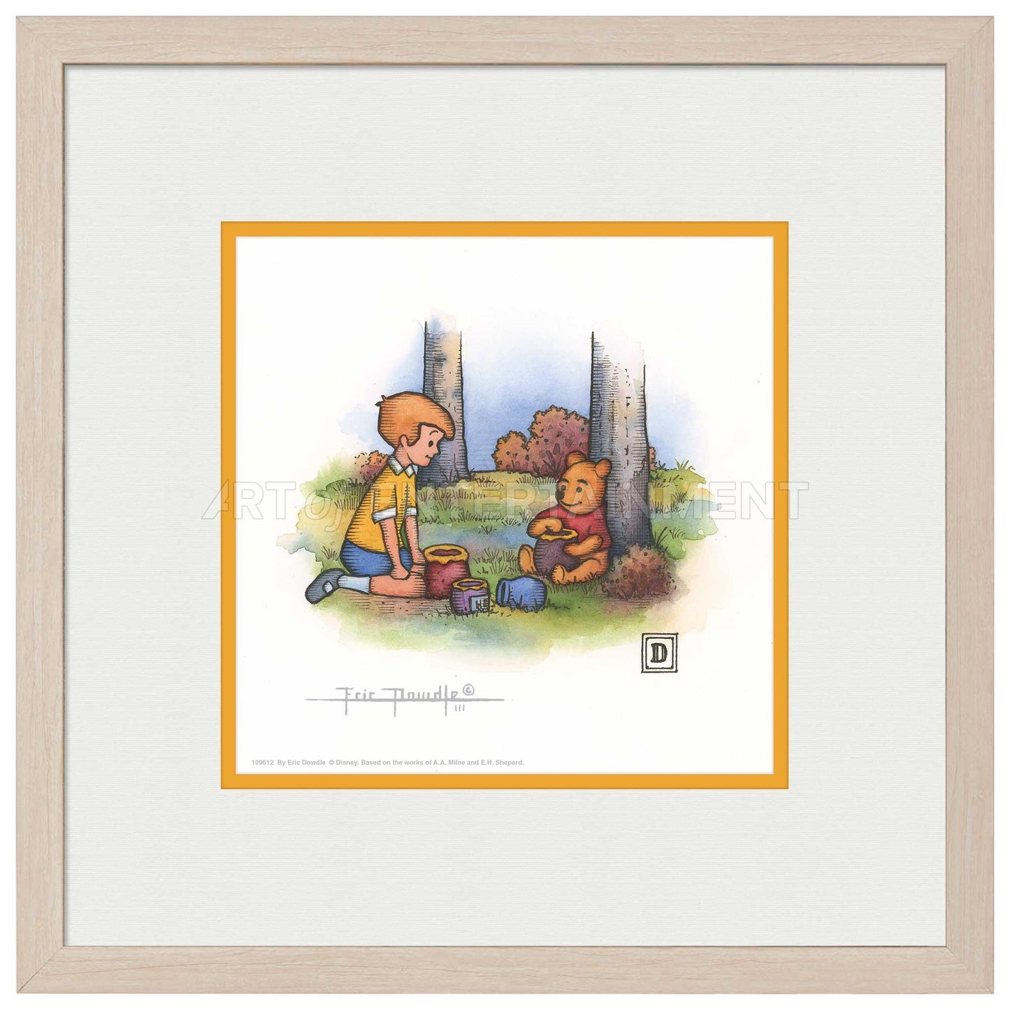 Christopher Robin and Winnie the Pooh Eating Honey - 15" x 15" Framed Paper Print - Art Of Entertainment