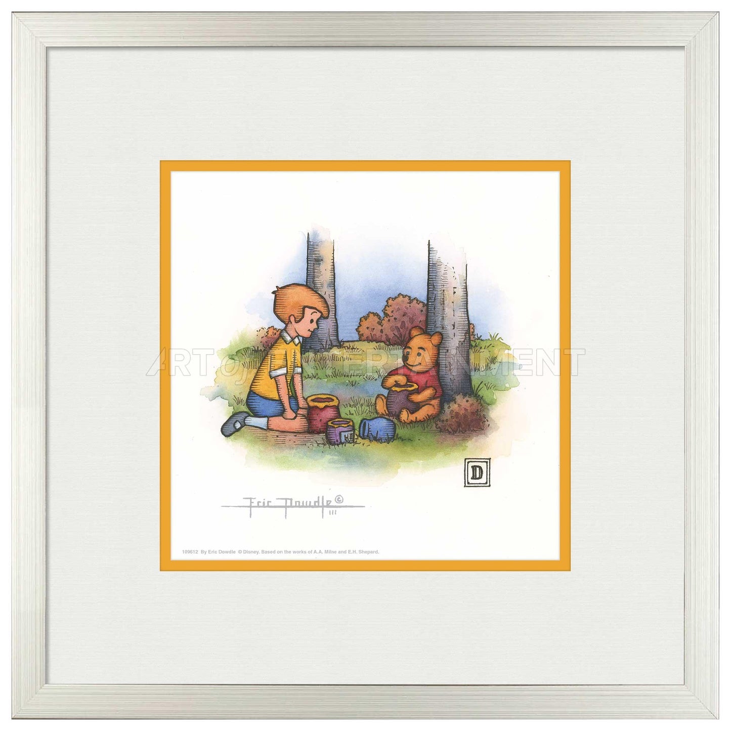 Christopher Robin and Winnie the Pooh Eating Honey - 15" x 15" Framed Paper Print - Art Of Entertainment