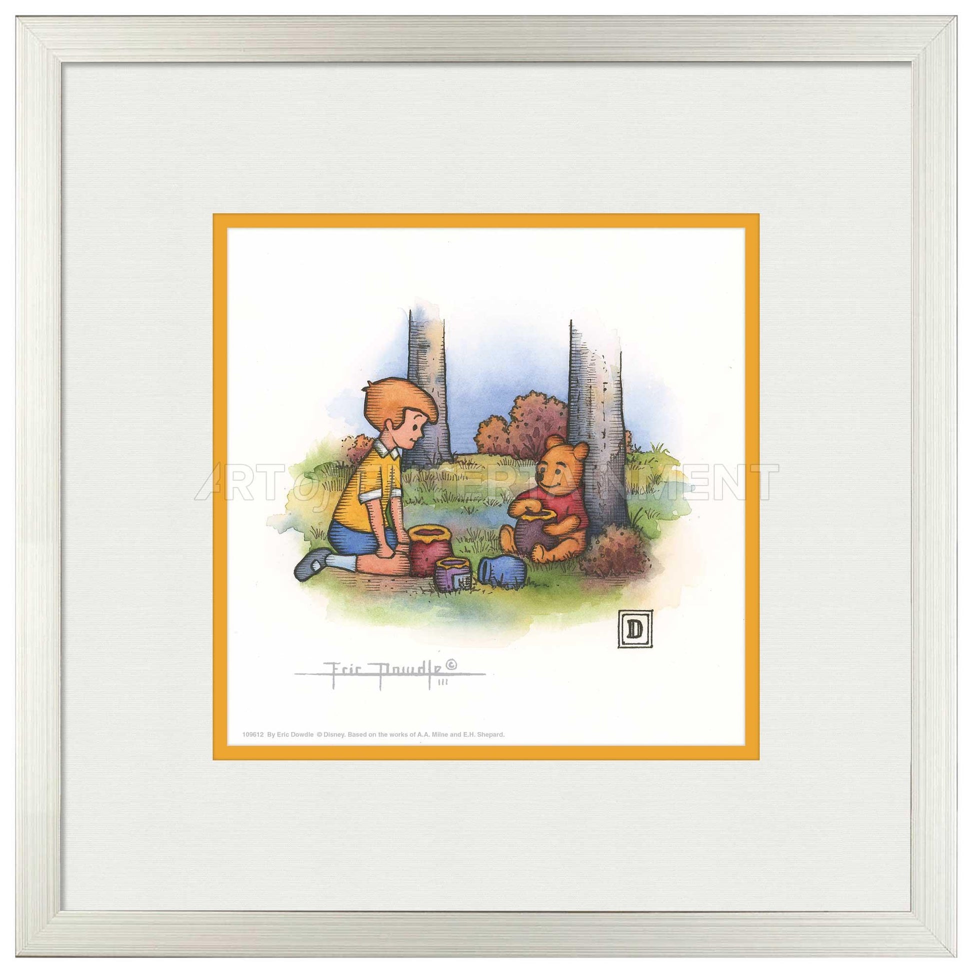 Christopher Robin and Winnie the Pooh Eating Honey - 15" x 15" Framed Paper Print - Art Of Entertainment