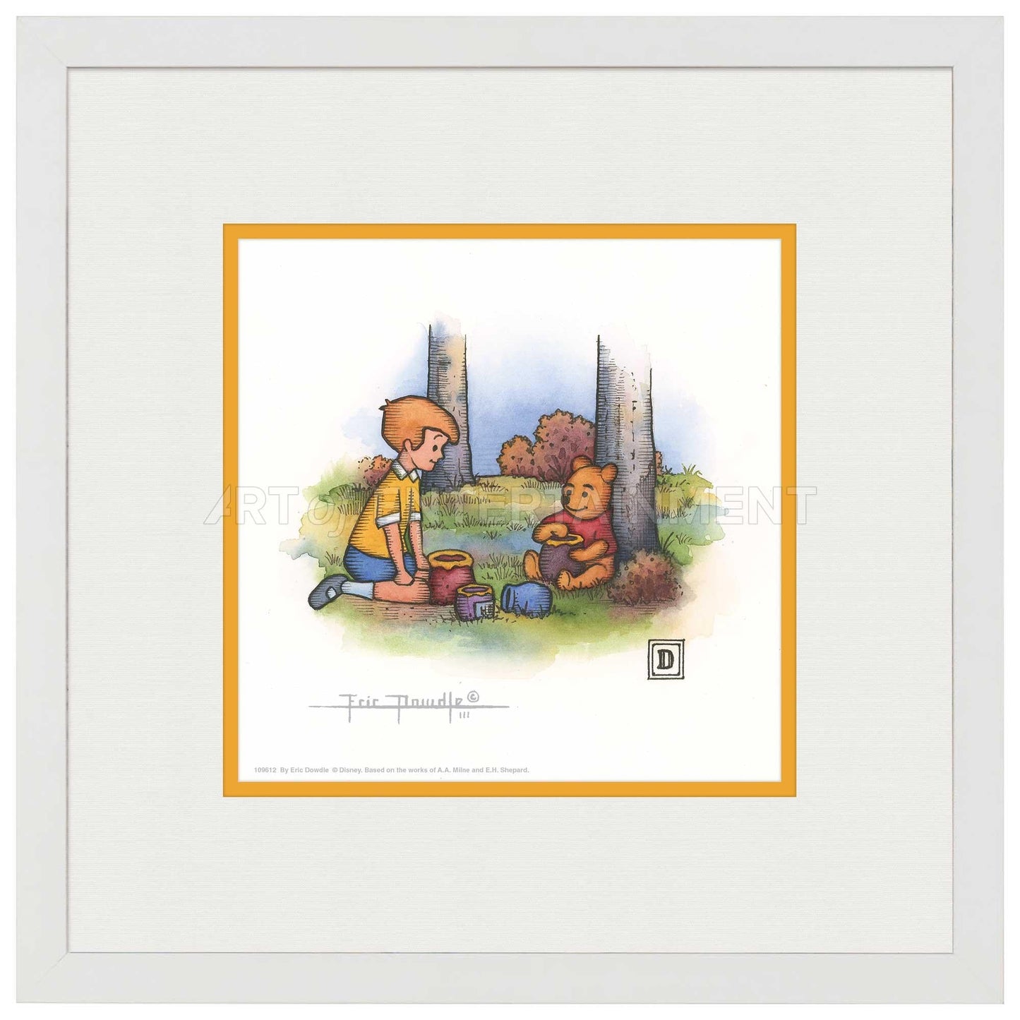 Christopher Robin and Winnie the Pooh Eating Honey - 15" x 15" Framed Paper Print - Art Of Entertainment