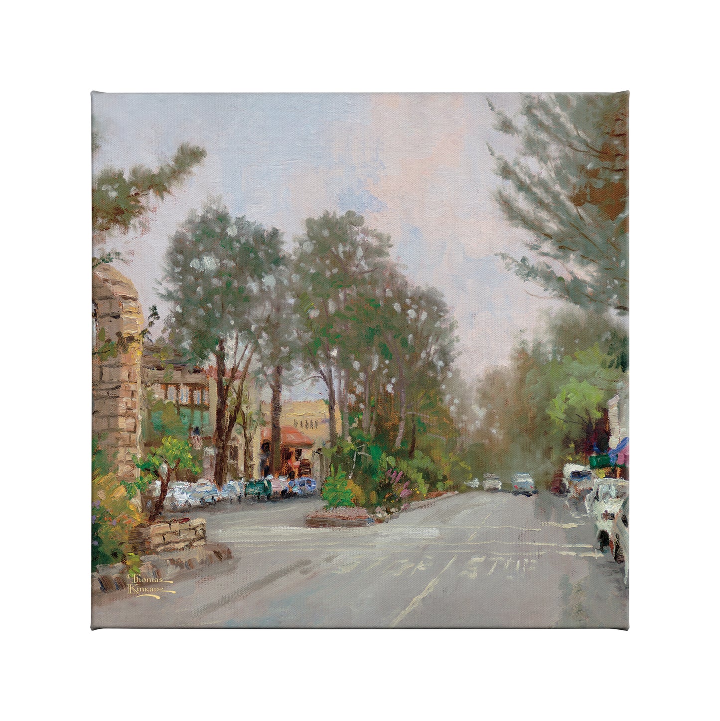Carmel, Ocean Avenue on a Rainy Afternoon - 14" x 14" Gallery Wrapped Canvas