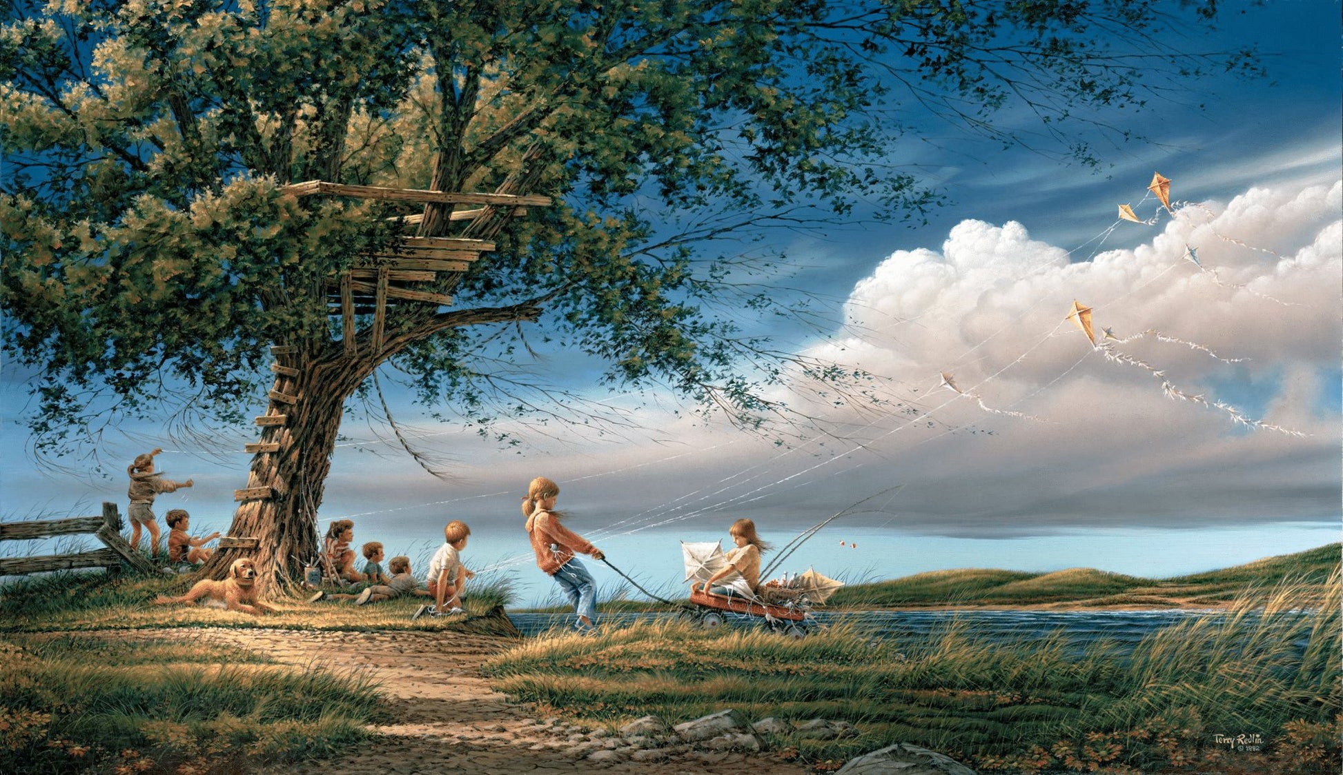 Framed painintg of children playing under the tree