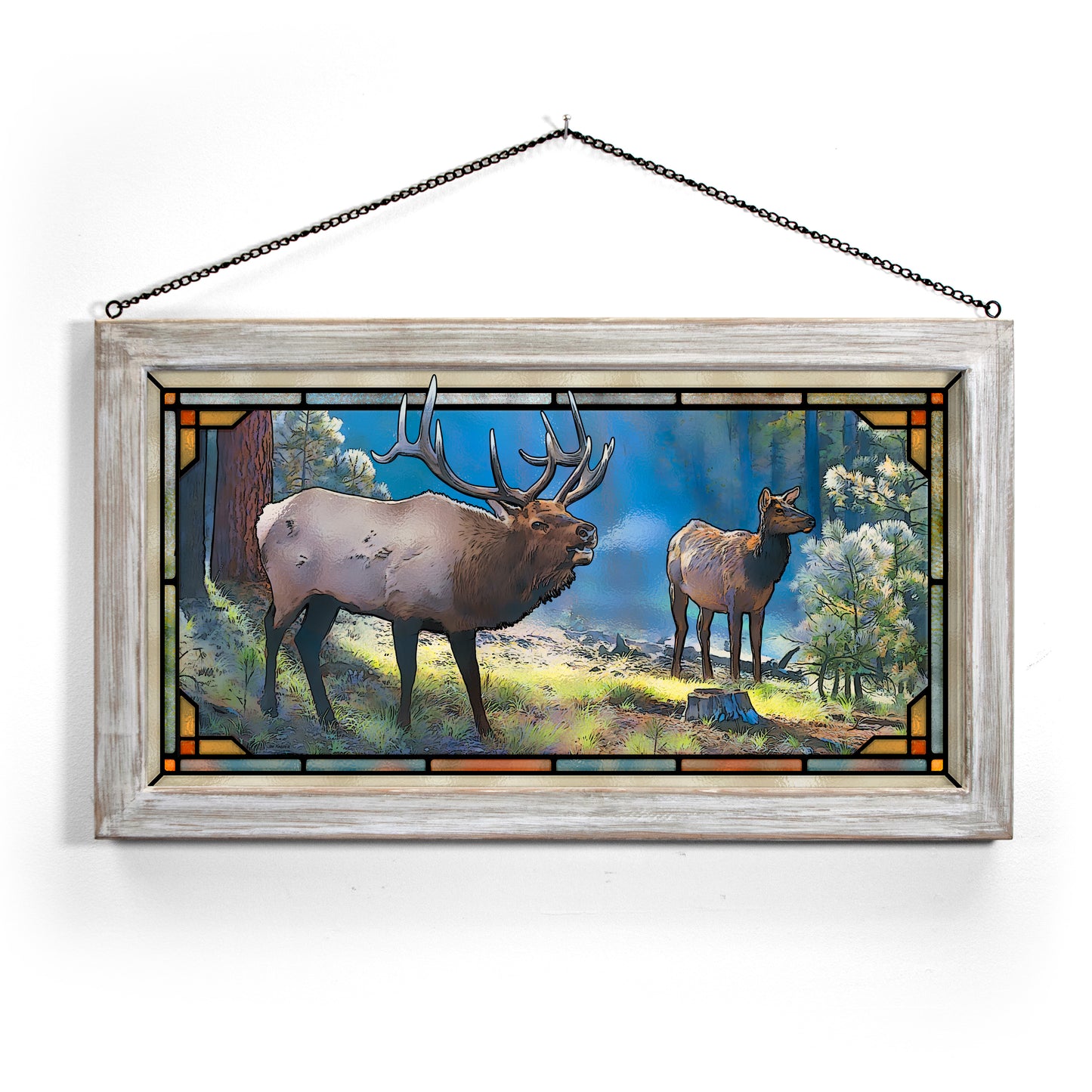 Spirited Exchange—Elk - 13" x 23" Stained Glass Art