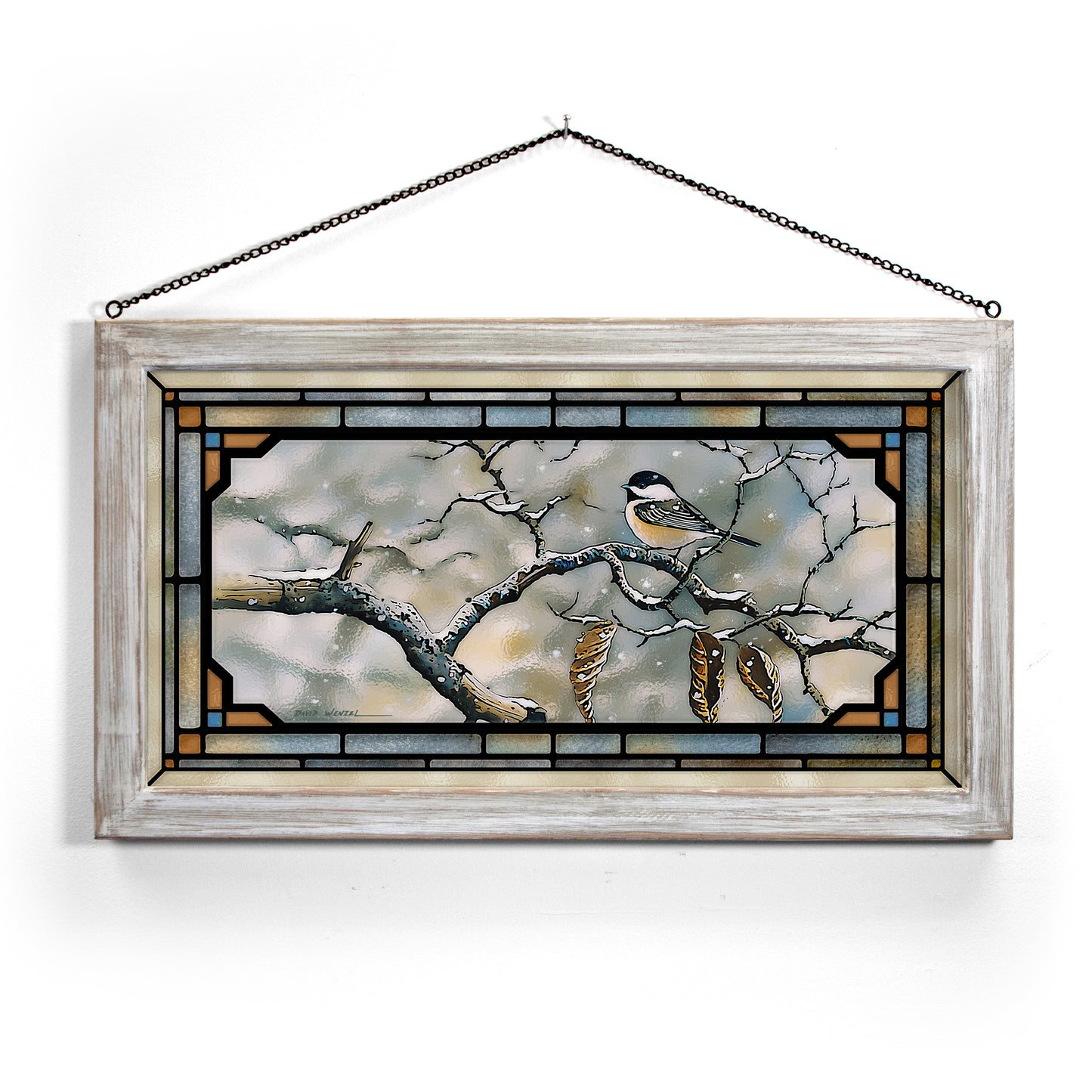 Resolve to Winter - Chickadee - 13" x 23" Stained Glass Art