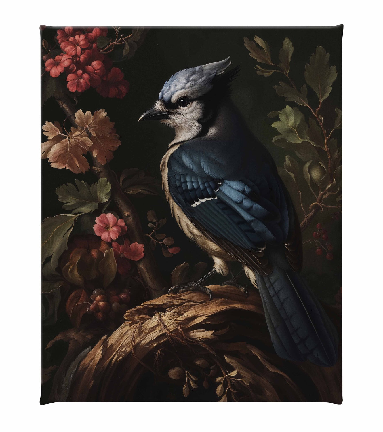 Elegance in Bloom - Blue Jay Amongst Flora - Gallery Wrapped Canvas