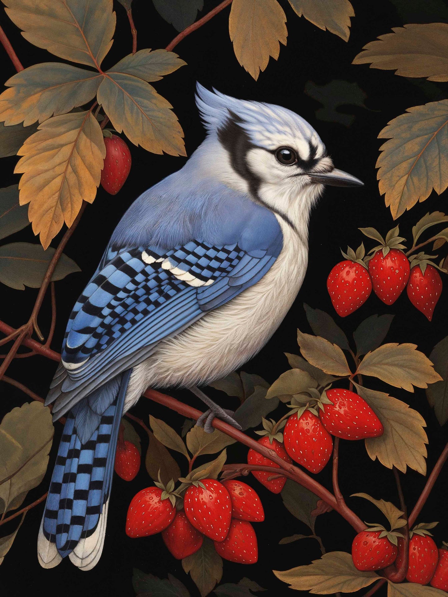 Berry Bliss - Blue Jay in Strawberry Patch - Limited Edition Canvas
