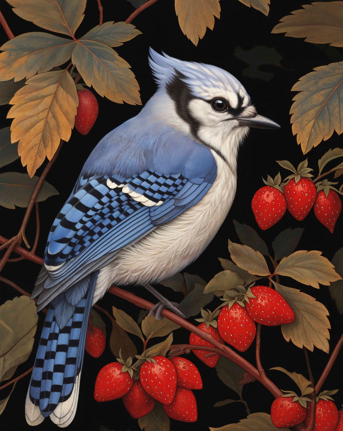 Berry Bliss - Blue Jay in Strawberry Patch - Limited Edition Canvas