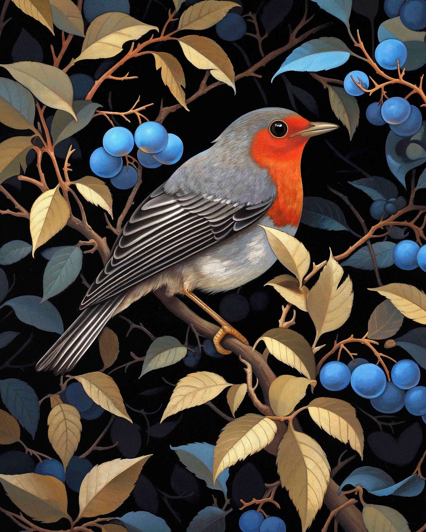 Crimson Song - Robin Among Blueberries - Limited Edition Canvas