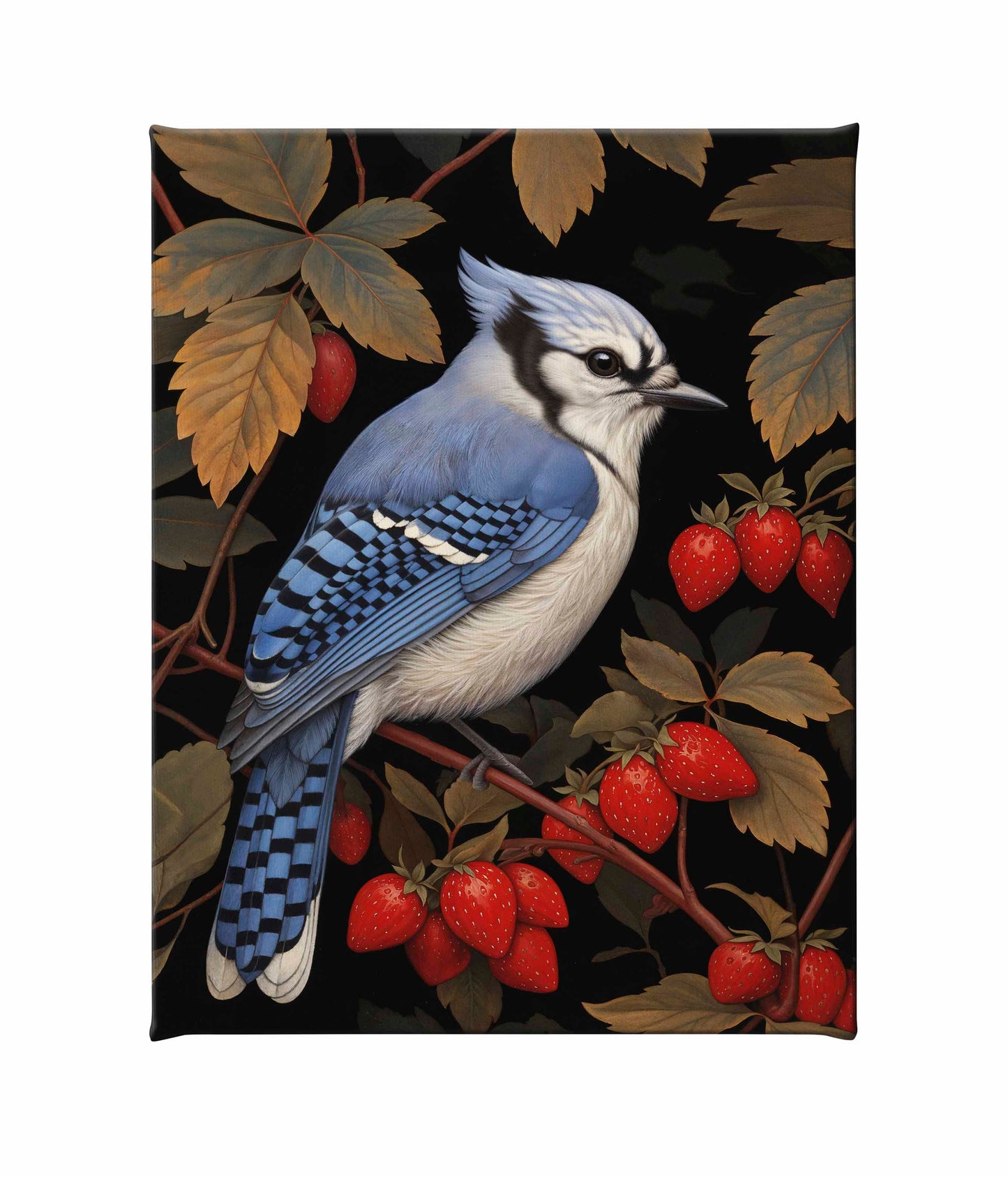 Berry Bliss - Blue Jay in Strawberry Patch - Gallery Wrapped Canvas