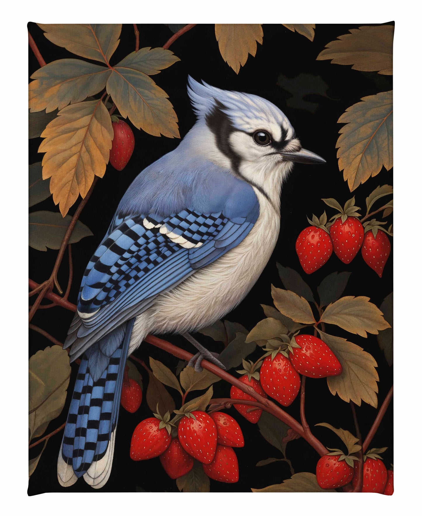 Berry Bliss - Blue Jay in Strawberry Patch - Gallery Wrapped Canvas