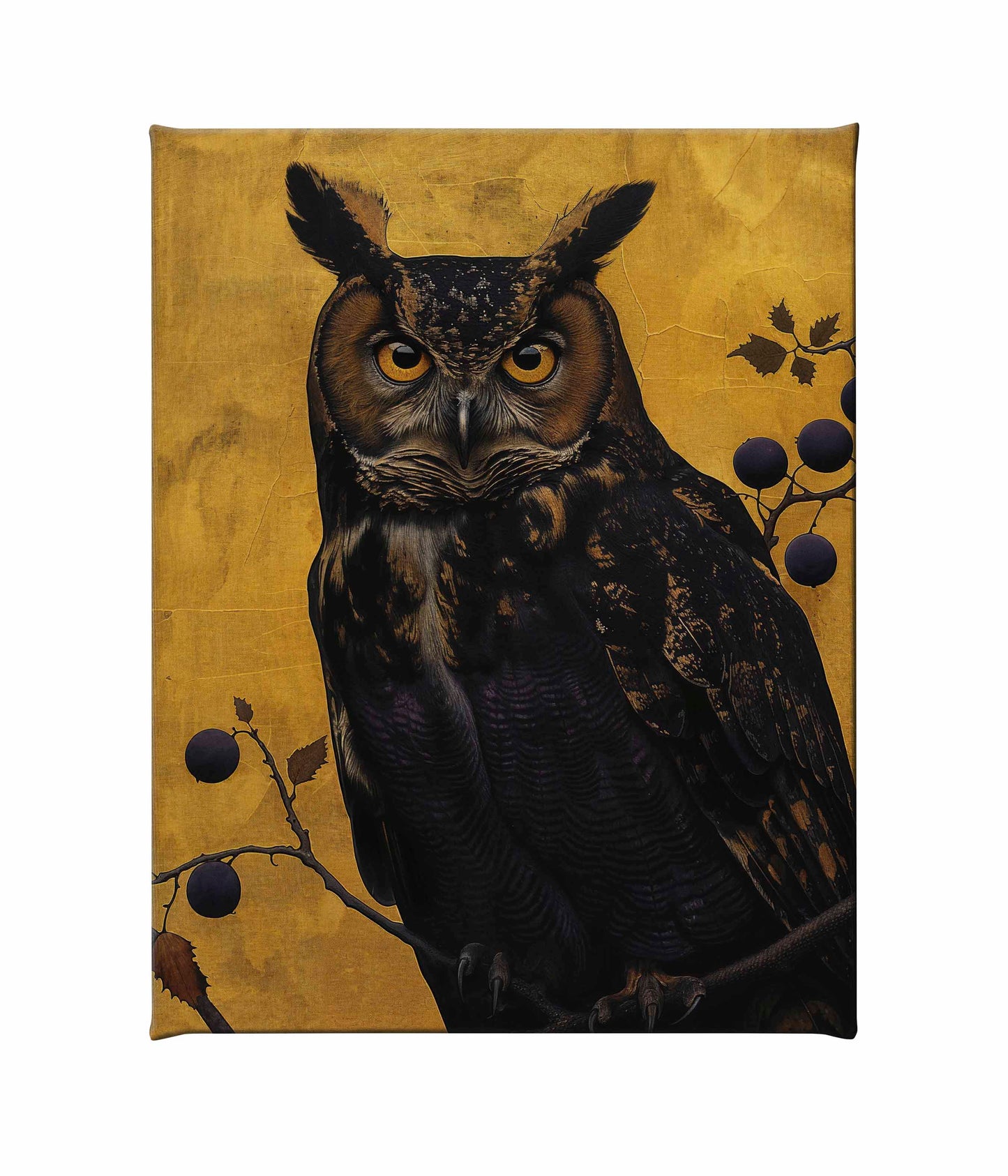 Golden Gaze - Great Horned Owl Among Berries - Gallery Wrapped Canvas
