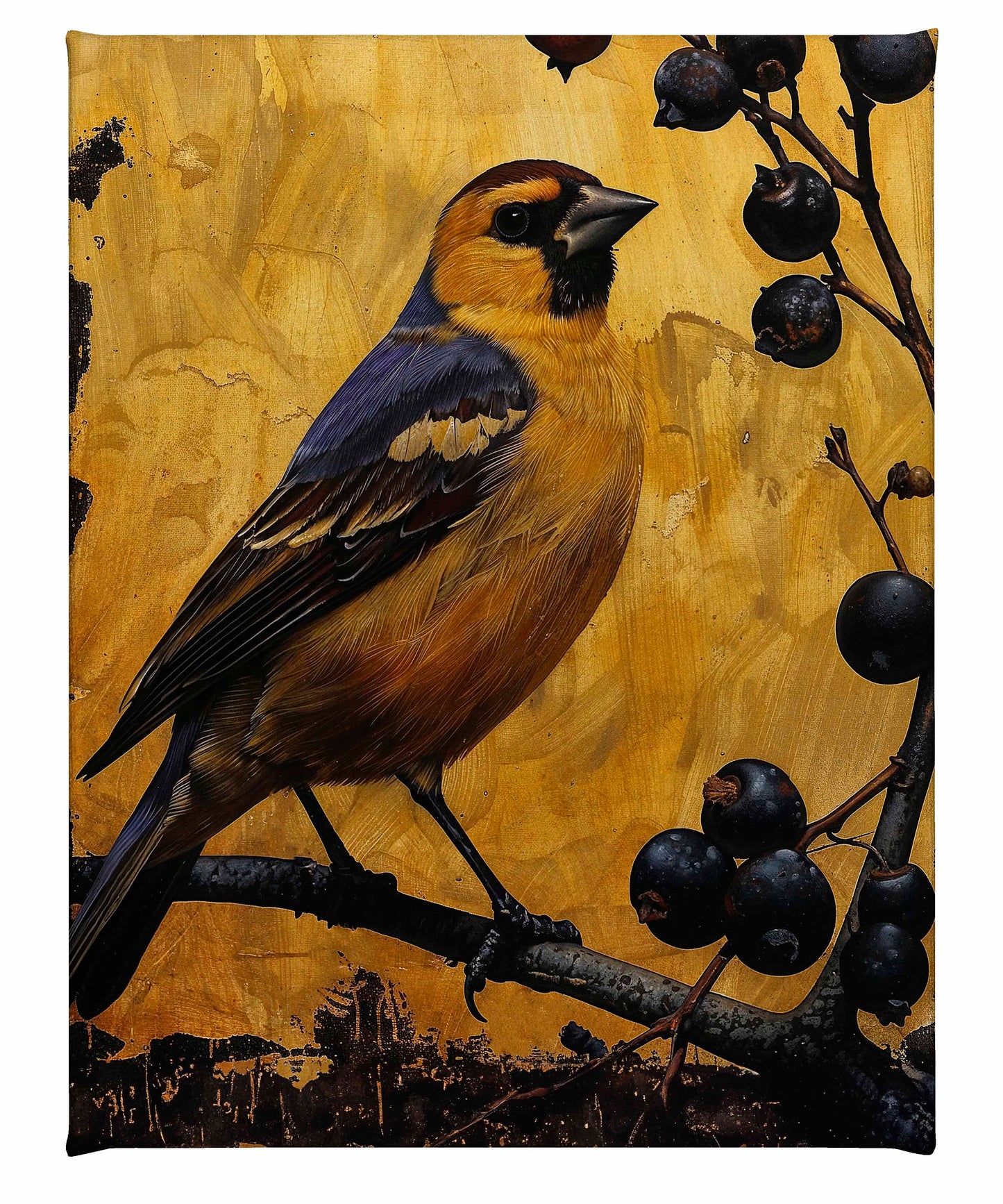 Gilded Harmony - Finch Among Berries - Gallery Wrapped Canvas