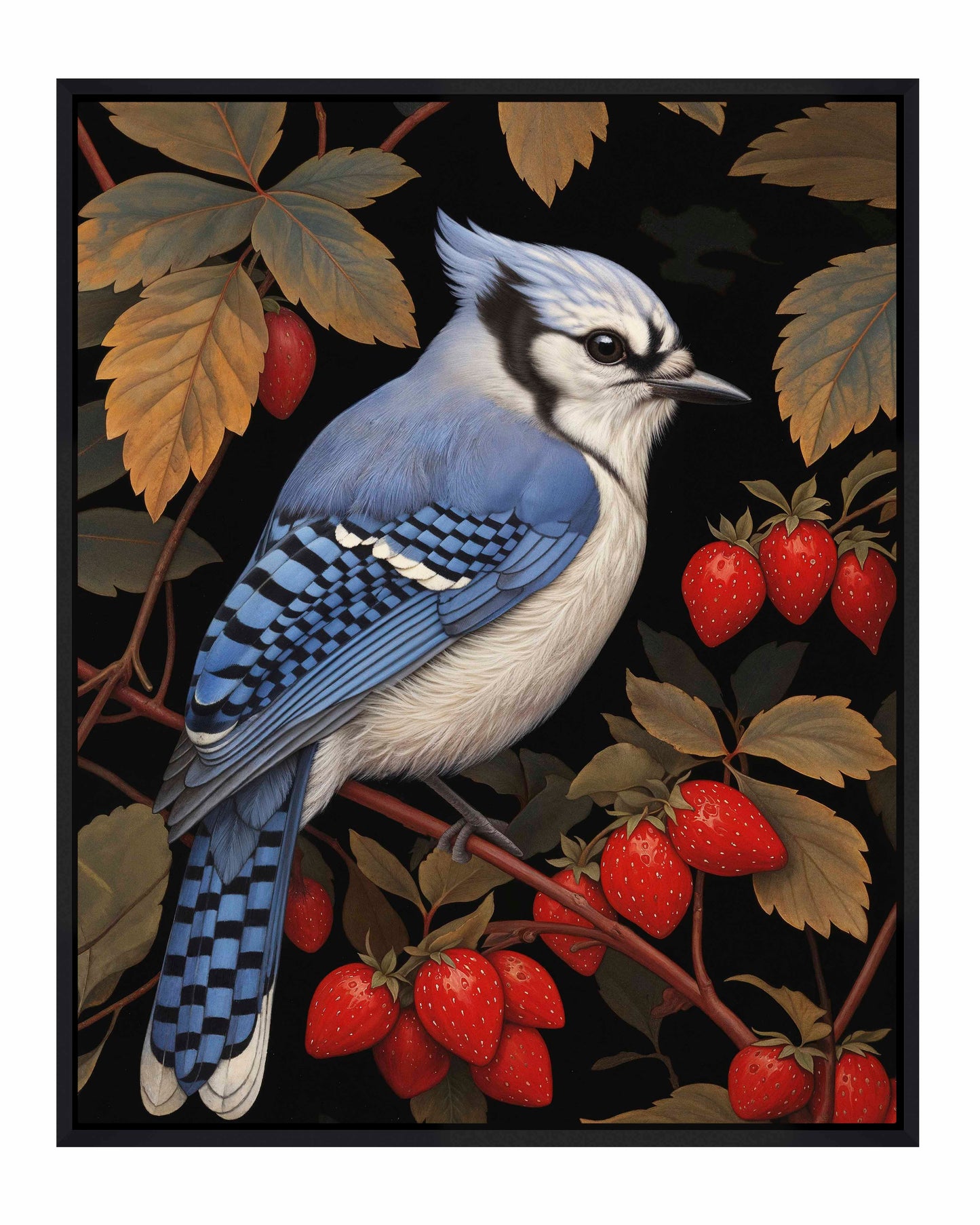 Berry Bliss - Blue Jay in Strawberry Patch - Gallery Wrapped Canvas